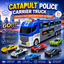 Police Transport Carrier Truck with 6 Die-Cast Cars, Foldable Race Track & Light/Sound Effects
