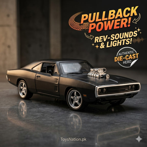1:24 Dom's Dodge Charger 1970 Authentic Diecast Hero | Pullback Power, Rev Sounds & LED Lights Muscle Car Model