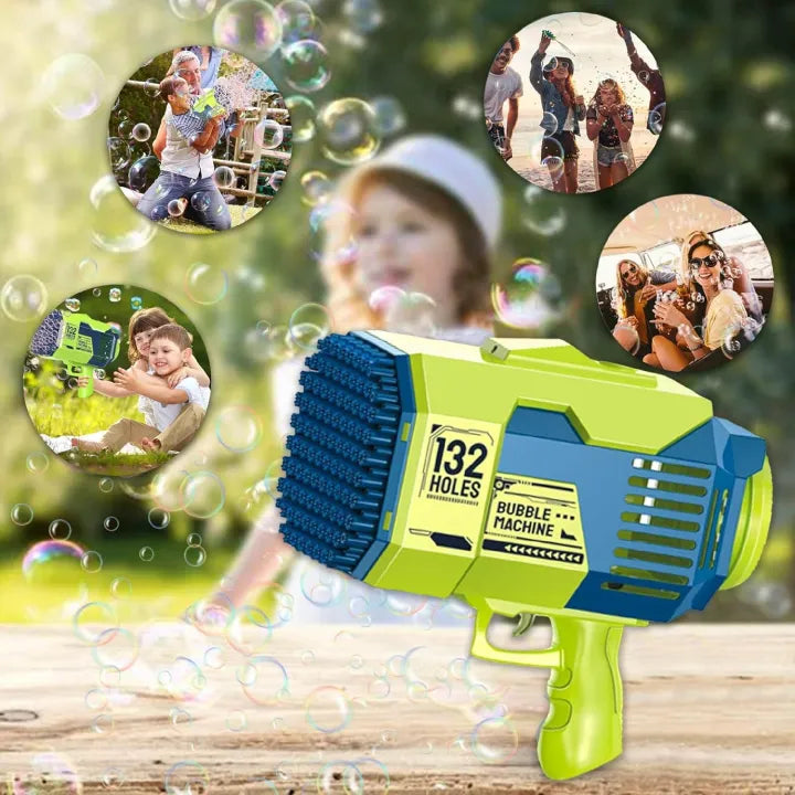 132-Hole Rechargeable Bubble Gun - Rocket Design with LED Lights & Colorful Bubbles