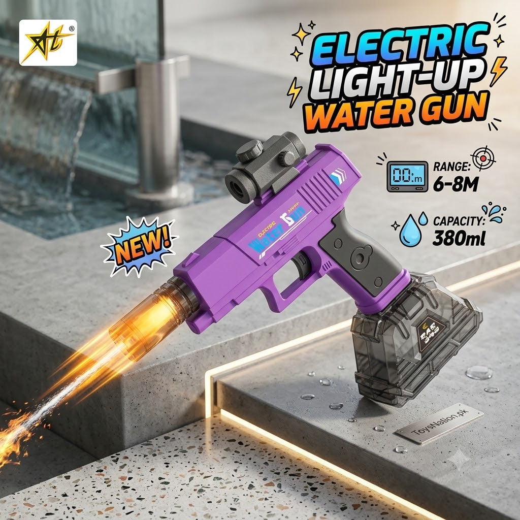 Electric Light-Up Water Gun – Rapid Fire, 6-8M Range & Rechargeable Battery