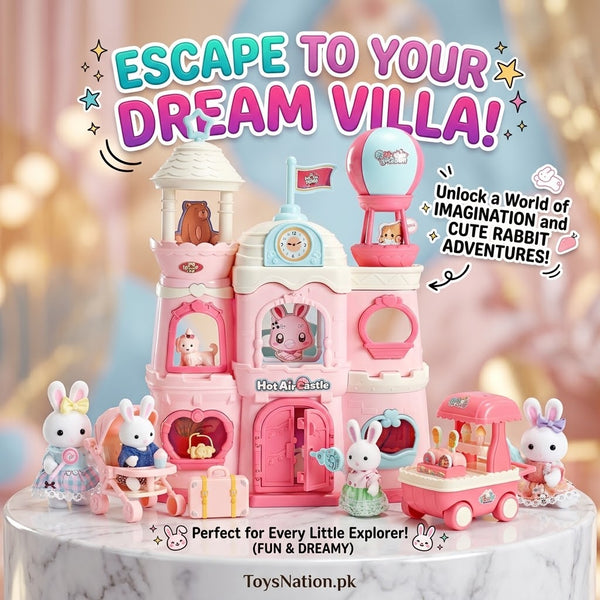 Dreamy Fairy Castle Dollhouse Playset with Bunny Figures & Carriage