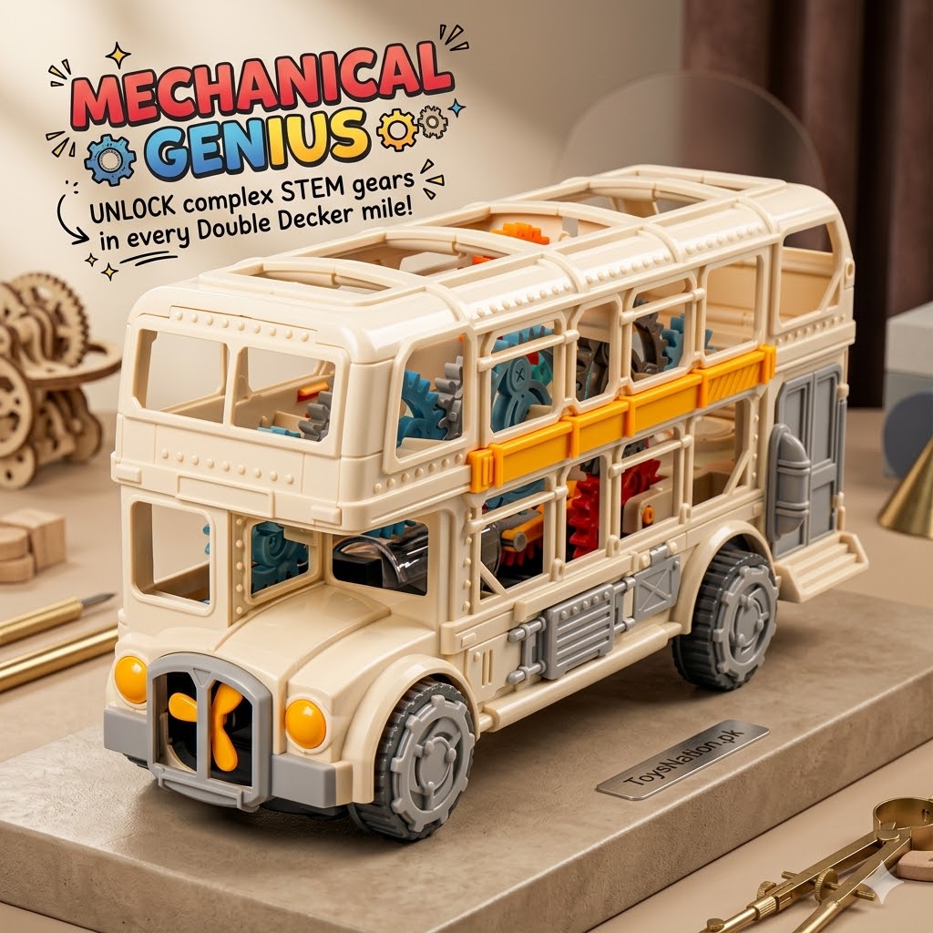 Transparent Double Decker Bus Toy with Working Gear Mechanism – STEM Educational Vehicle for Kids