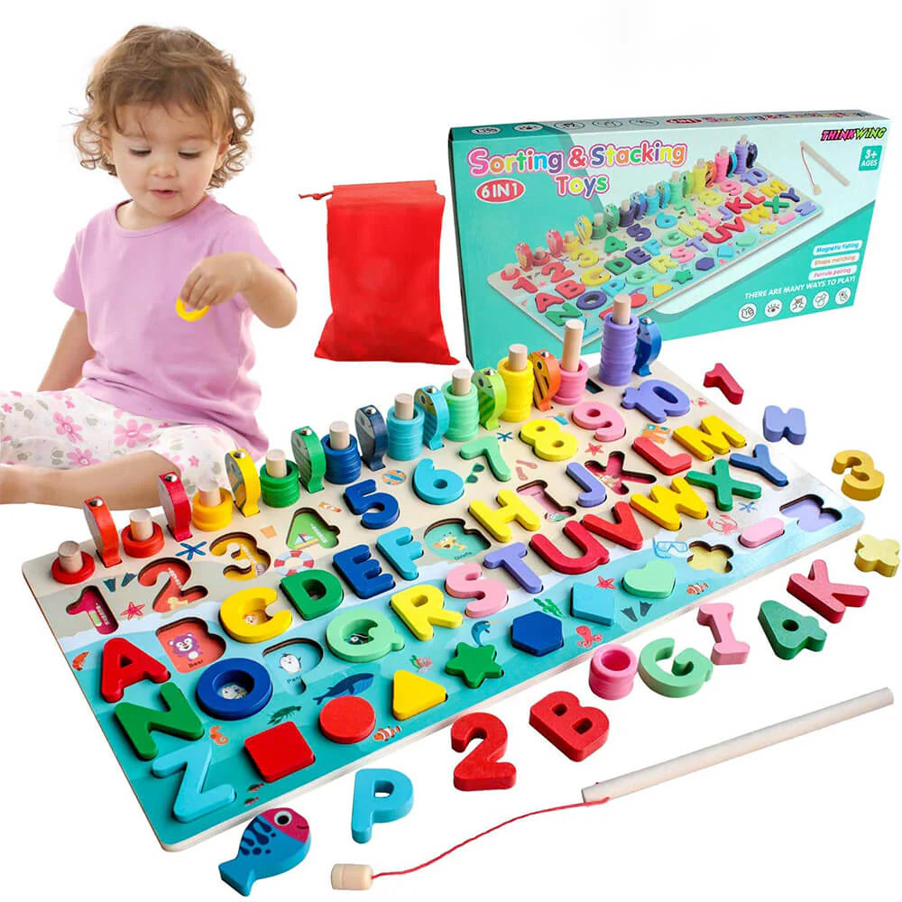6-in-1 Wooden Montessori Learning Toy - Counting, Math & Fishing Game for Kids