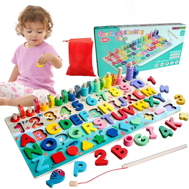 6-in-1 Wooden Montessori Learning Toy - Counting, Math & Fishing Game for Kids Hover Image