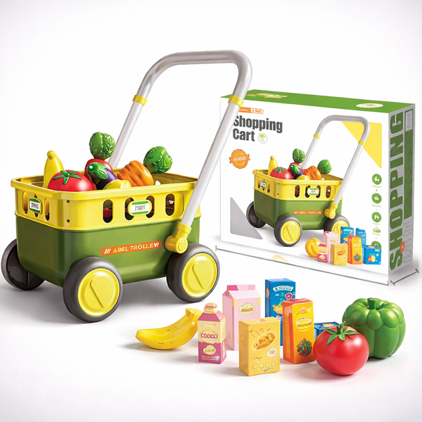 Kids Shopping Cart Trolley - Pretend Play Shopping Cart with Play Food for Kids