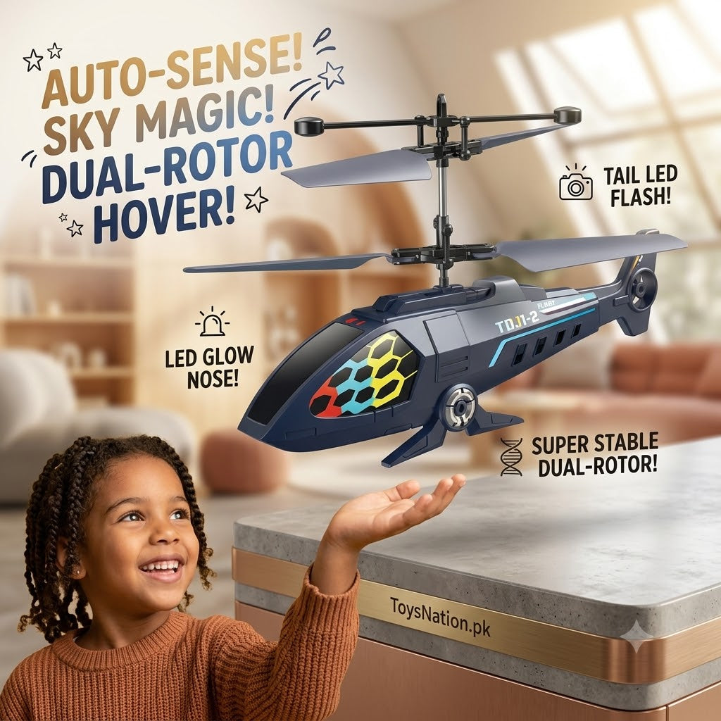 Auto-Sensing RC Helicopter with LED Lights & Smartwatch Controller – Indoor Flying Toy