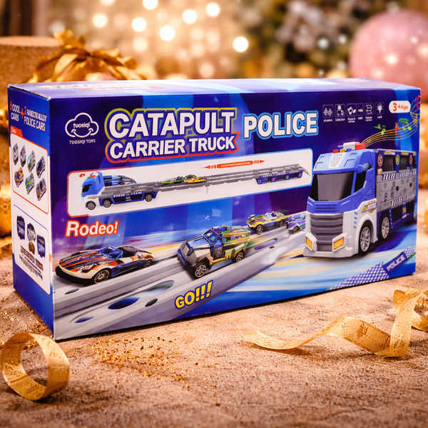 Police Transport Carrier Truck with 6 Die-Cast Cars, Foldable Race Track & Light/Sound Effects