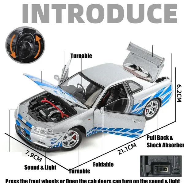 1:24 Scale Nissan Skyline GT-R R34 Die-Cast Model - Sports Car with Light & Sound