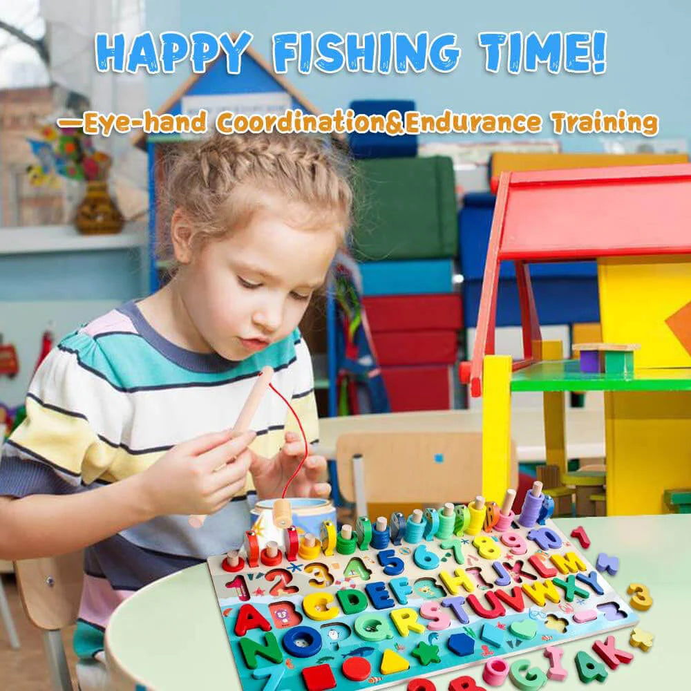 6-in-1 Wooden Montessori Learning Toy - Counting, Math & Fishing Game for Kids