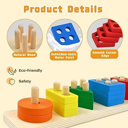 Wooden Shape Sorting Toy - 5 Column Geometric Stacking Board for Kids