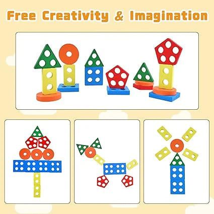 Wooden Shape Sorting Toy - 5 Column Geometric Stacking Board for Kids