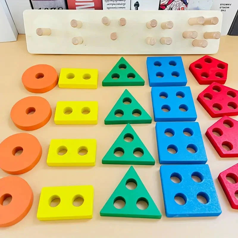 Wooden Shape Sorting Toy - 5 Column Geometric Stacking Board for Kids