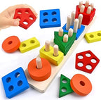 Wooden Shape Sorting Toy - 5 Column Geometric Stacking Board for Kids