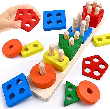 Wooden Shape Sorting Toy - 5 Column Geometric Stacking Board for Kids