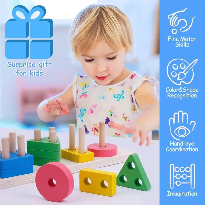 Wooden Shape Sorting Toy - 5 Column Geometric Stacking Board for Kids