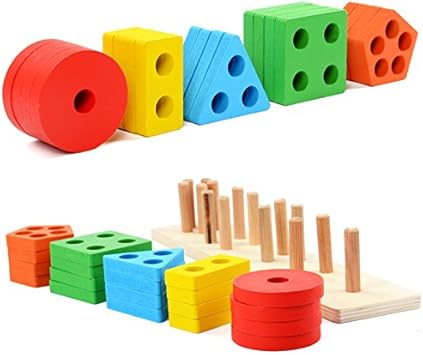 Wooden Shape Sorting Toy - 5 Column Geometric Stacking Board for Kids