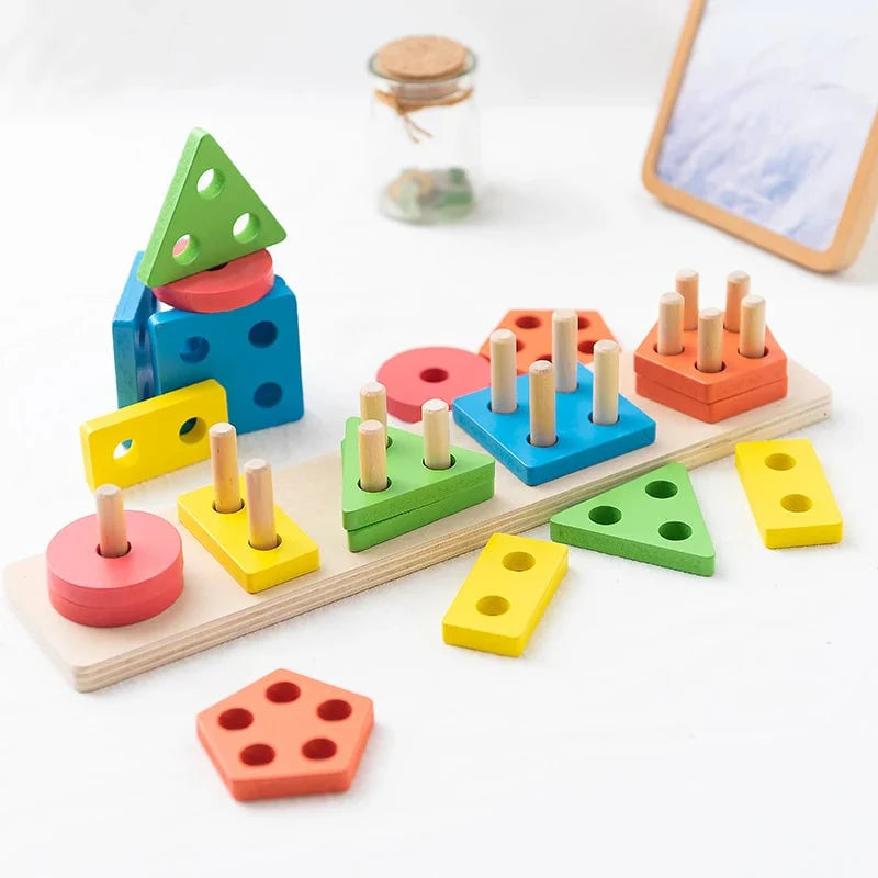 Wooden Shape Sorting Toy - 5 Column Geometric Stacking Board for Kids