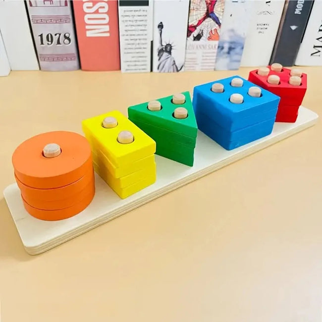 Wooden Shape Sorting Toy - 5 Column Geometric Stacking Board for Kids Hover Image