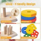 Wooden Shape Sorting Toy - 5 Column Geometric Stacking Board for Kids