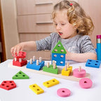 Wooden Shape Sorting Toy - 5 Column Geometric Stacking Board for Kids
