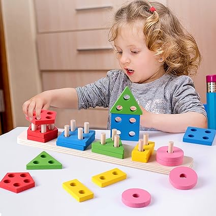 Wooden Shape Sorting Toy - 5 Column Geometric Stacking Board for Kids