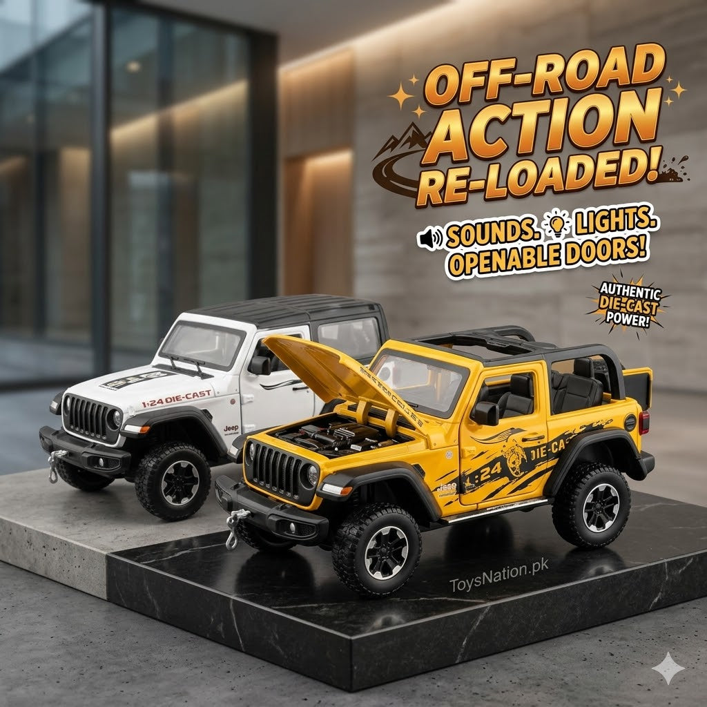 Jeep Wrangler Off-Road Action Re-Loaded 1:24 Diecast Model | Sounds, LED Lights & Opening Doors Scale Car