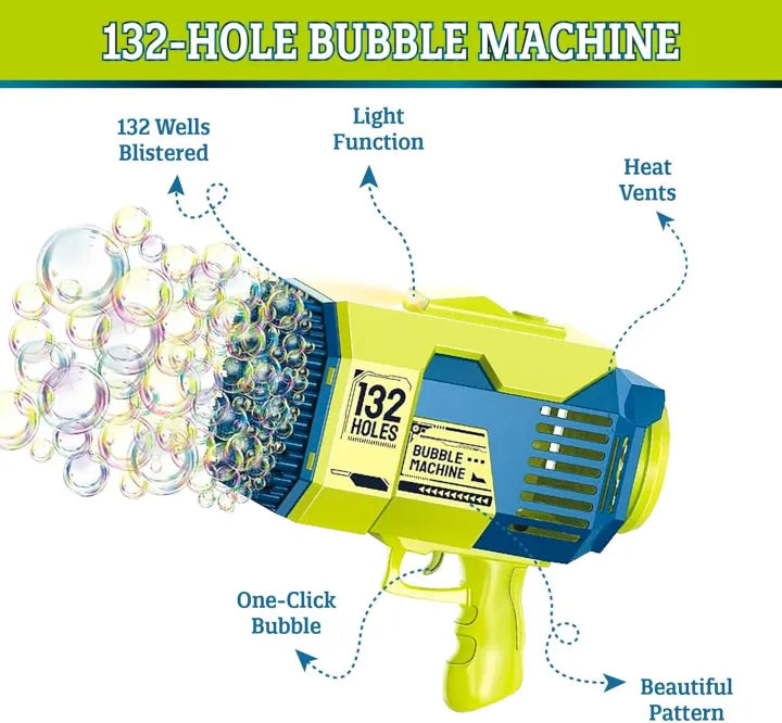132-Hole Rechargeable Bubble Gun - Rocket Design with LED Lights & Colorful Bubbles