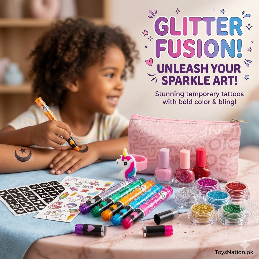 Glitter Tattoo Makeup Kit With Bag – Kids Sparkling Body Art Set