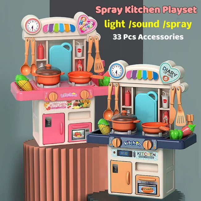 33-Piece Mini Kitchen Play Set - Water Spray Pretend Play Toy with Lights & Sounds for Kids Hover Image