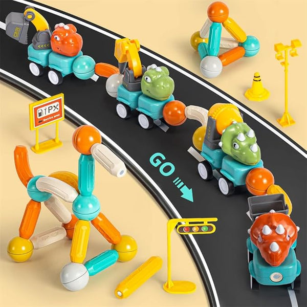 Diy Magnetic Rods Dinosaur Construction Truck Toy - 58pcs