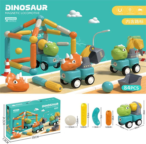 Diy Magnetic Rods Dinosaur Construction Truck Toy - 58pcs