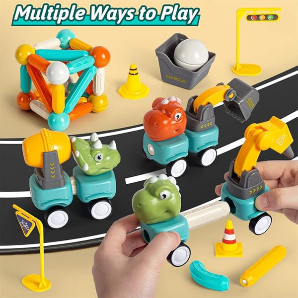 Diy Magnetic Rods Dinosaur Construction Truck Toy - 58pcs