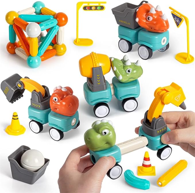 Diy Magnetic Rods Dinosaur Construction Truck Toy - 58pcs Main image