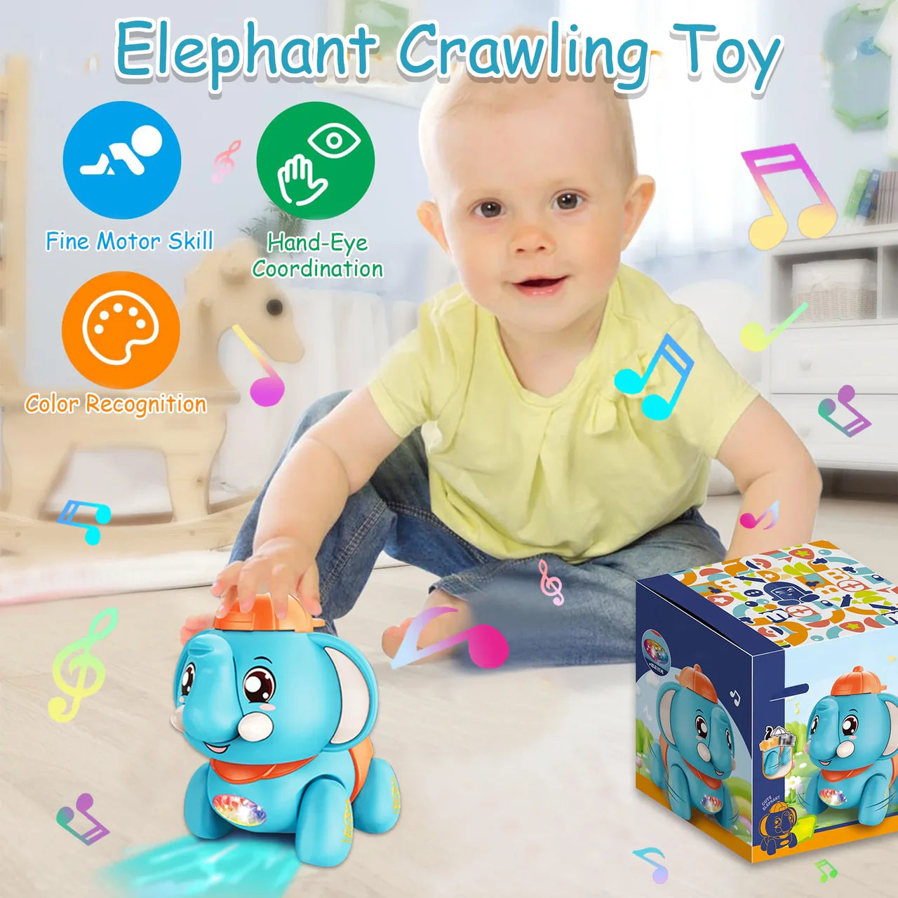 Musical Crawling Elephant Toy - Interactive with Lights & Sound