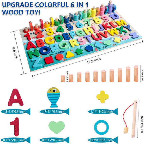 6-in-1 Wooden Montessori Learning Toy - Counting, Math & Fishing Game for Kids