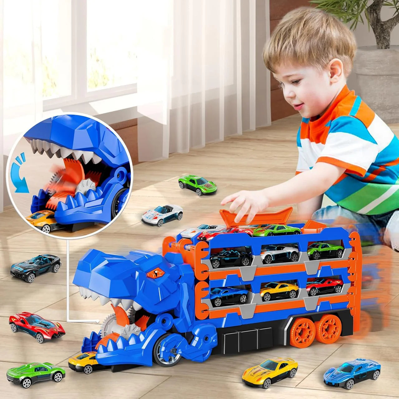 Dinosaur Car Eating Truck Track Set With 12 Mini Cars( Large Size)