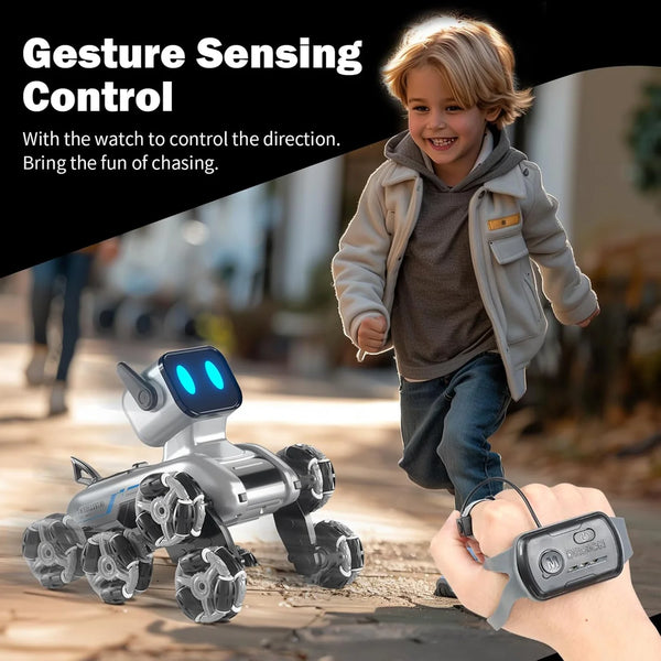 Remote & Watch Control Stunt Robot Dog - RC Spray Dog with 8-Wheel Drive