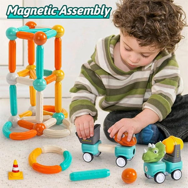 Diy Magnetic Rods Dinosaur Construction Truck Toy - 58pcs