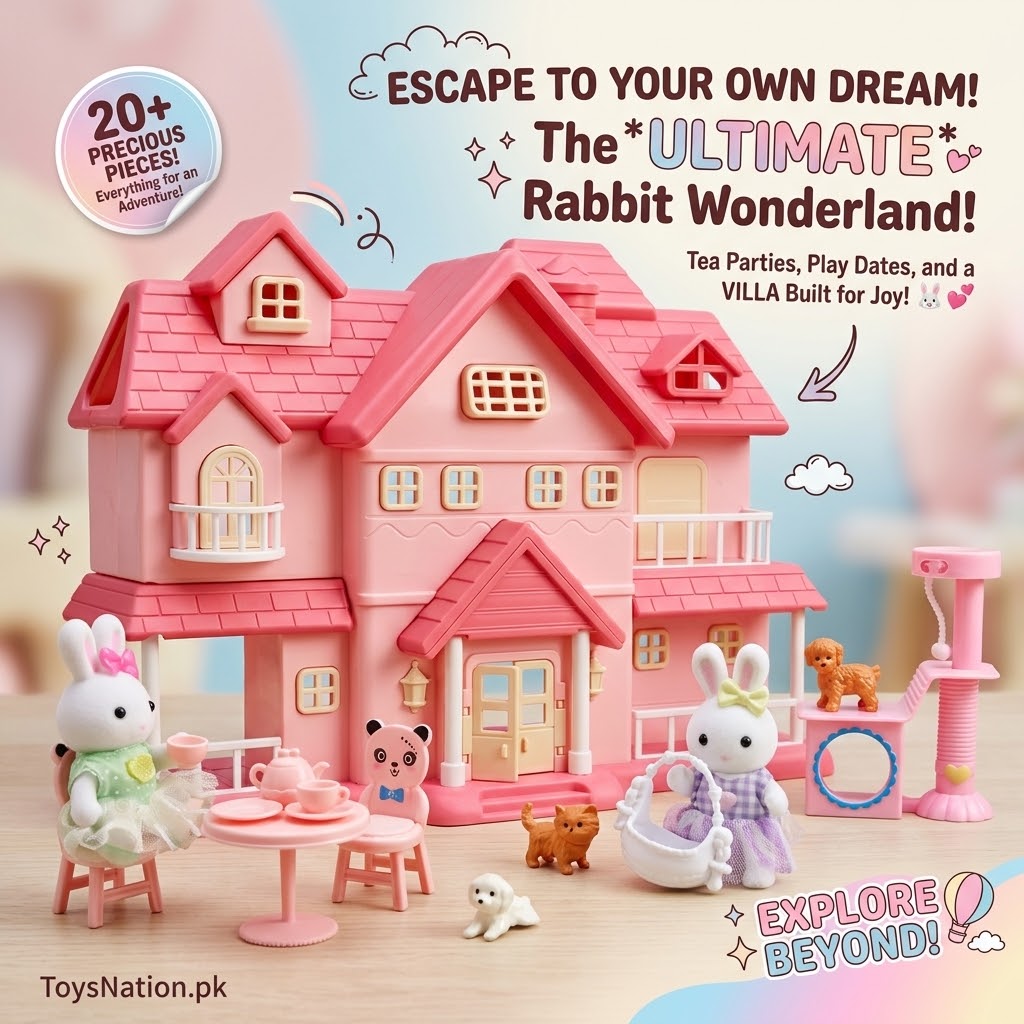Rabbit Wonderland Villa Dollhouse Playset with Bunny Figures & Tea Party Accessories