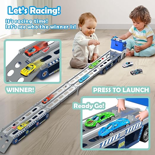 Police Transport Carrier Truck with 6 Die-Cast Cars, Foldable Race Track & Light/Sound Effects