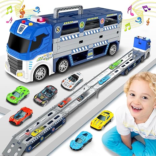 Police Transport Carrier Truck with 6 Die-Cast Cars, Foldable Race Track & Light/Sound Effects Main Image
