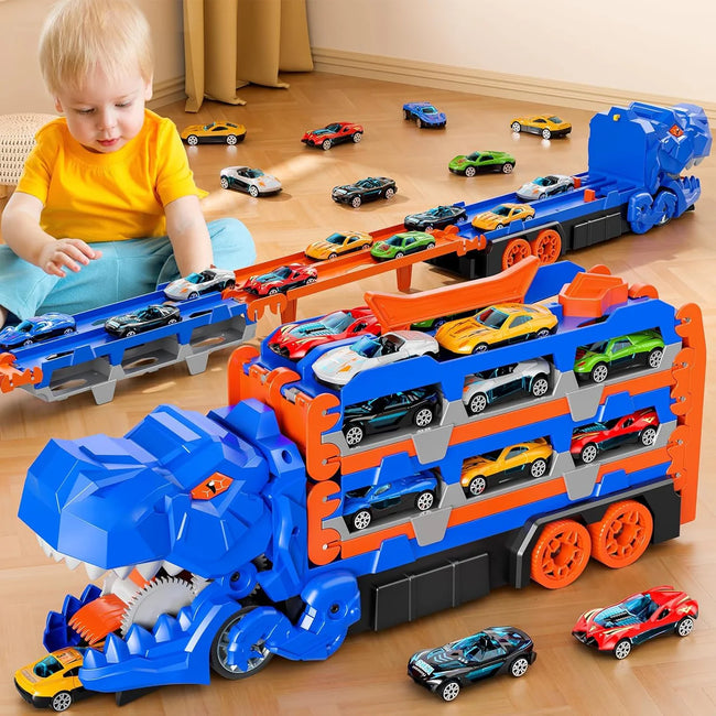 Dinosaur Car Eating Truck Track Set With 12 Mini Cars( Large Size) Hover Image