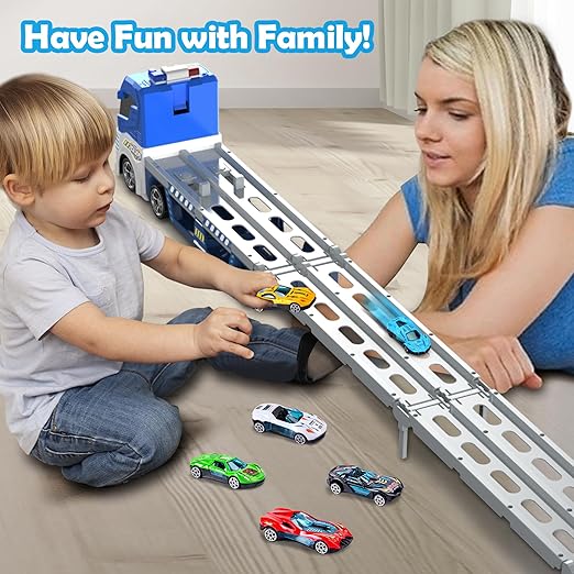 Police Transport Carrier Truck with 6 Die-Cast Cars, Foldable Race Track & Light/Sound Effects