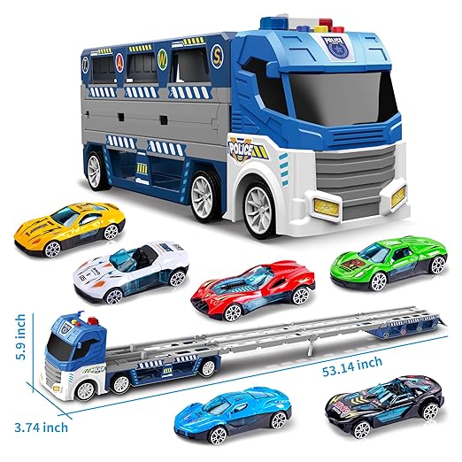 Police Transport Carrier Truck with 6 Die-Cast Cars, Foldable Race Track & Light/Sound Effects