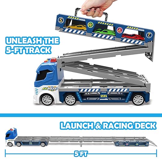 Police Transport Carrier Truck with 6 Die-Cast Cars, Foldable Race Track & Light/Sound Effects