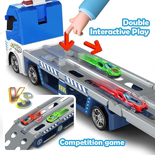 Police Transport Carrier Truck with 6 Die-Cast Cars, Foldable Race Track & Light/Sound Effects