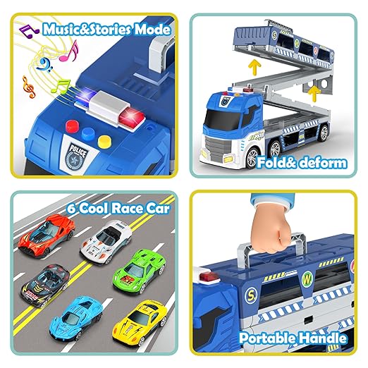 Police Transport Carrier Truck with 6 Die-Cast Cars, Foldable Race Track & Light/Sound Effects