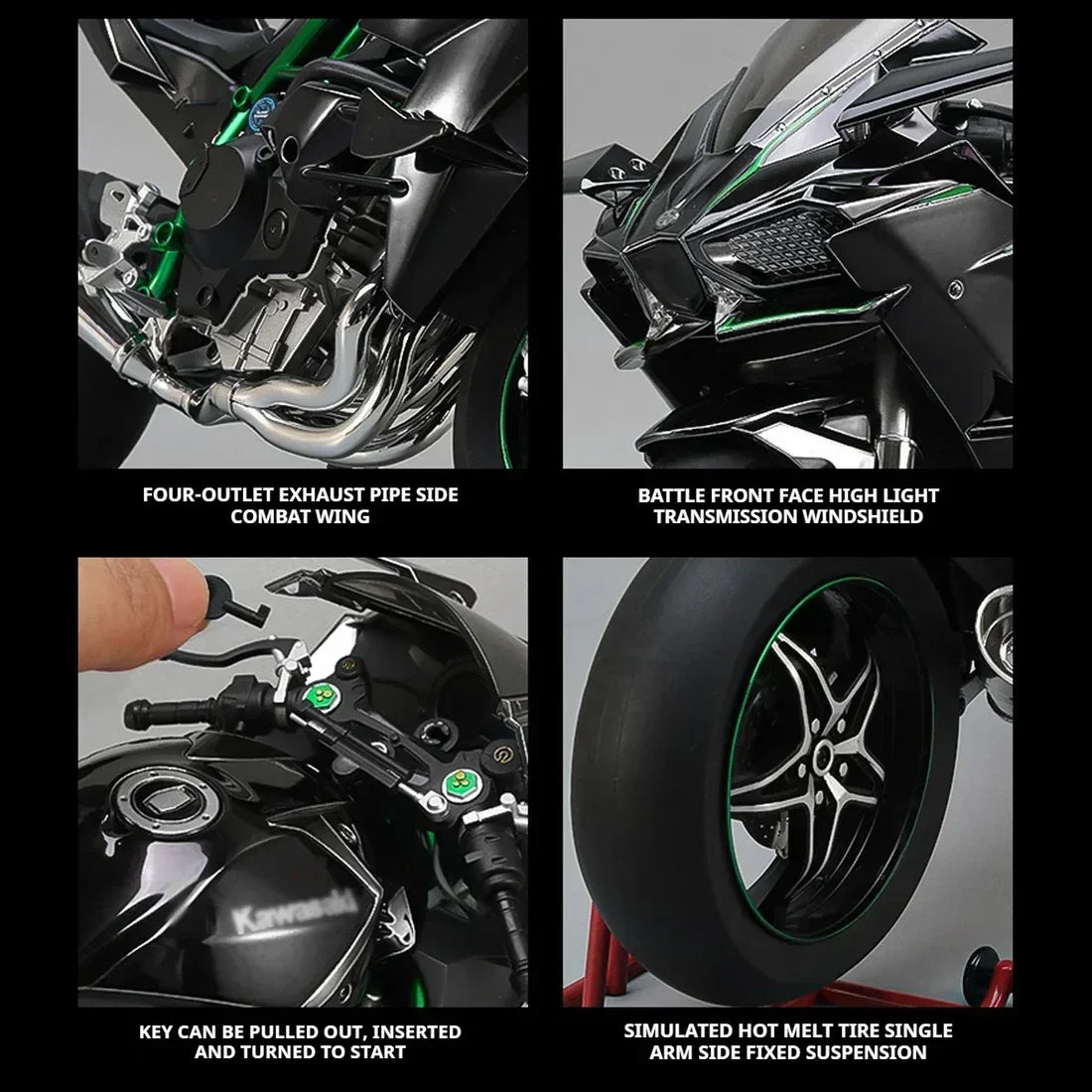 1:6 Scale Kawasaki Ninja H2R Die-Cast Motorcycle - Alloy with Smoke Effect & Lights
