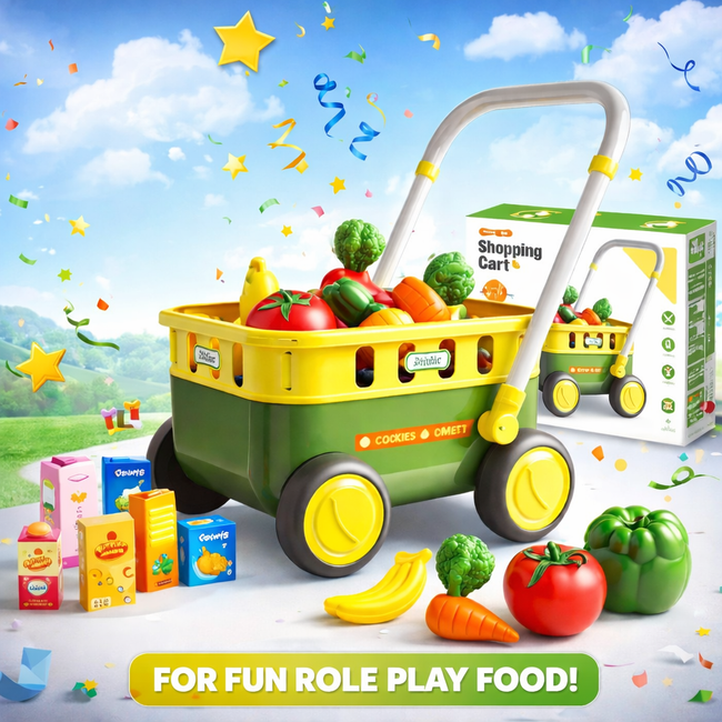 Kids Shopping Cart Trolley - Pretend Play Shopping Cart with Play Food for Kids Hover Image