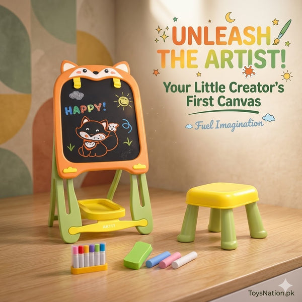 Fox Easel & Stool Set With Chalkboard & Storage – Kids Drawing & Learning Board